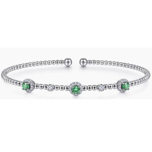 14K White Gold Diamond & Emerald Bangle Bracelet